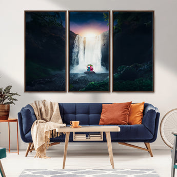 56359-MGV-FC-48X32-3P_Walnut-Lilo Stitch Wall Art Canvas Print, Framed Stitch Angel Art Picture Print, Cartoon Waterfall Perfect Tropical Fantasy Decor Artwork