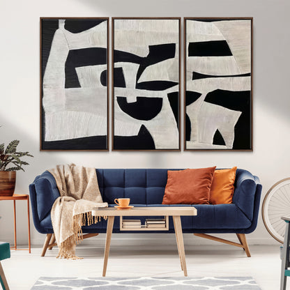 33714-MGV-CV-36X24-Monochrome Design Wall Art Canvas Print, Framed Modern Linework Art Picture Print, Textured Shapes Perfect Monochrome Modern Decor