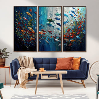 89626-MGV-CV-36X24-Fish Swarm Wall Art Canvas Print, Framed Abstract Ocean Art Picture Print, Underwater Life Perfect Vibrant Coastal Decor Artwork