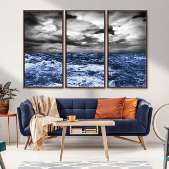 91043-MGV-CV-36X24-Stormy Ocean Wall Art Canvas Print, Framed Moody Seascape Art Picture Print, Monochrome Sea Perfect Coastal Drama Decor Artwork