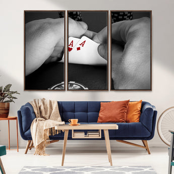 62460-MGV-CV-36X24-Poker Game Wall Art – Close Up of Hands Holding Aces with Chips, Casino Style Decor for Game Room, Man Cave or Office