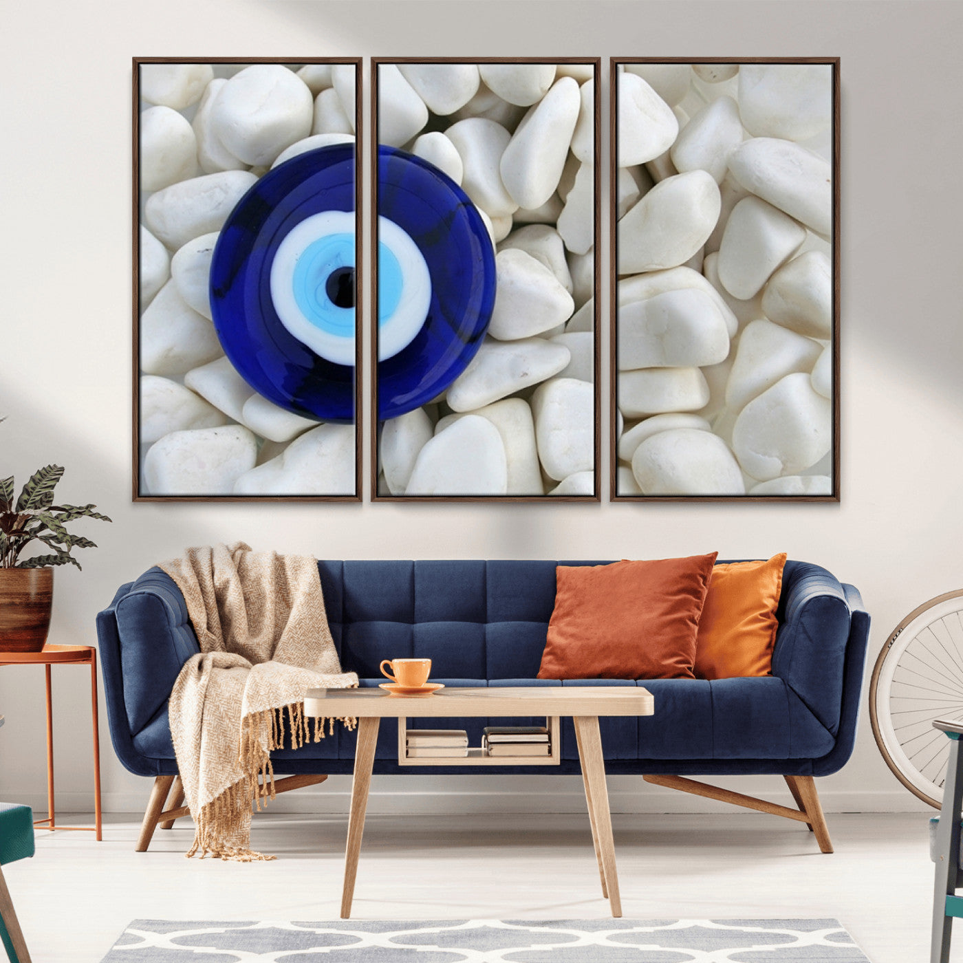 48883-MGV-CV-36X24-Evil Eye Wall Art – Deep Blue Symbol of Presence and Calm on White Stones, Subtle Spiritual Decor for Entryway, Studio, Office or