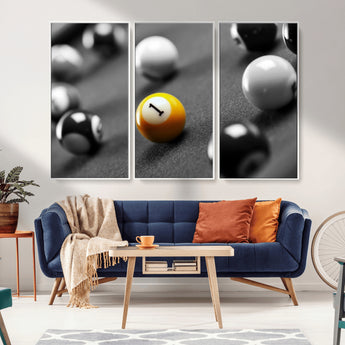 52108-MGV-CV-36X24-Precision Pool Table Wall Art – Close Up Yellow 1 Ball Canvas Print, Hand-Played Billiards Game Decor for Office, Game Room, or