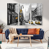 32362-MGV-CV-36X24-NYC Street Wall Art – Black and White Cityscape with Yellow Taxis and Umbrella Canvas Print, Urban Home Decor for Living Room or