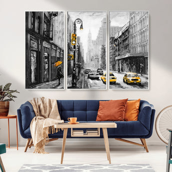32362-MGV-CV-36X24-NYC Street Wall Art – Black and White Cityscape with Yellow Taxis and Umbrella Canvas Print, Urban Home Decor for Living Room or