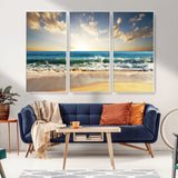13139-MGV-FC-48X32-3P_White-Sunrise Beach Wall Art – Ocean Waves and Golden Sand Canvas Print, Coastal Home Decor for Living Room, Bedroom, or Office
