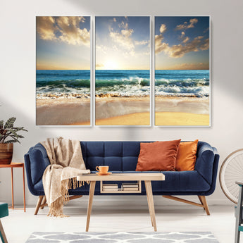 13139-MGV-FC-48X32-3P_White-Sunrise Beach Wall Art – Ocean Waves and Golden Sand Canvas Print, Coastal Home Decor for Living Room, Bedroom, or Office