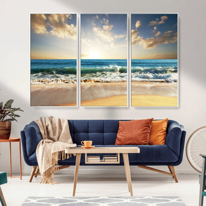 13139-MGV-FC-48X32-3P_White-Sunrise Beach Wall Art – Ocean Waves and Golden Sand Canvas Print, Coastal Home Decor for Living Room, Bedroom, or Office