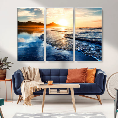 86173-MGV-CV-36X24-Golden Sunset Beach Wall Art – Reflective Ocean Canvas Print with Mountains and Waves, Coastal Nature Decor for Living Room,