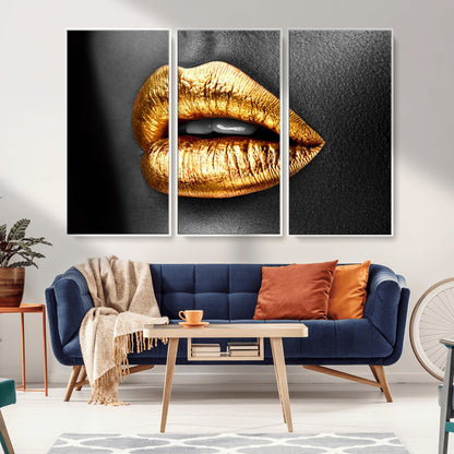 84747-MGV-CV-36X24-Golden Lips Black & White Portrait – Glamorous Metallic Lip Art Print, Modern Wall Decor for Bedroom, Beauty & Fashion Lover Gift