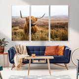 79391-MGV-CV-36X24-Majestic Highland Cow in Misty Scottish Moorland – Rustic Natural Charm, Perfect for Unique Home or Office Decor