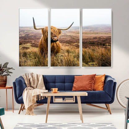 79391-MGV-CV-36X24-Majestic Highland Cow in Misty Scottish Moorland – Rustic Natural Charm, Perfect for Unique Home or Office Decor