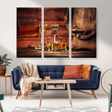 21266-MGV-CV-36X24-Pouring Whiskey into Glasses with Ice – Rustic Wooden Barrel Background, Warm Ambient Lighting, Ideal Decor for Home or Office