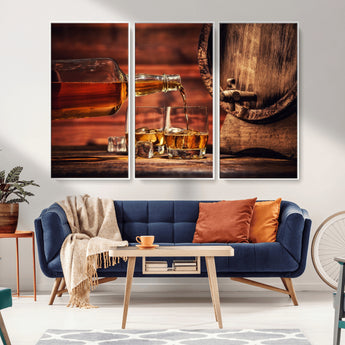 21266-MGV-CV-36X24-Pouring Whiskey into Glasses with Ice – Rustic Wooden Barrel Background, Warm Ambient Lighting, Ideal Decor for Home or Office