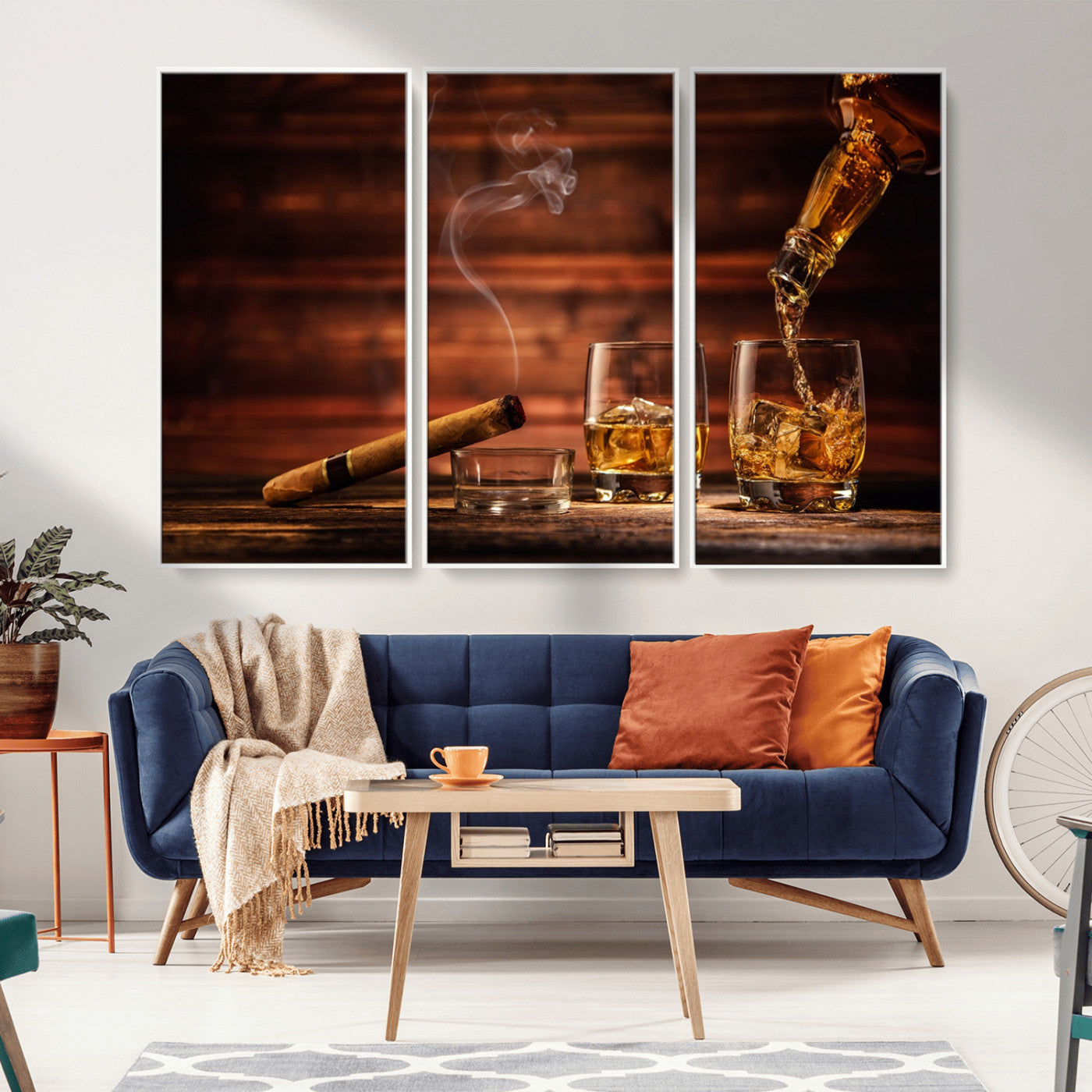 41139-MGV-CV-36X24-Whiskey and Cigar Still Life – Glasses with Ice and Pouring Amber Drink on Wooden Table with Smoke, Elegant Bar or Lounge Wall