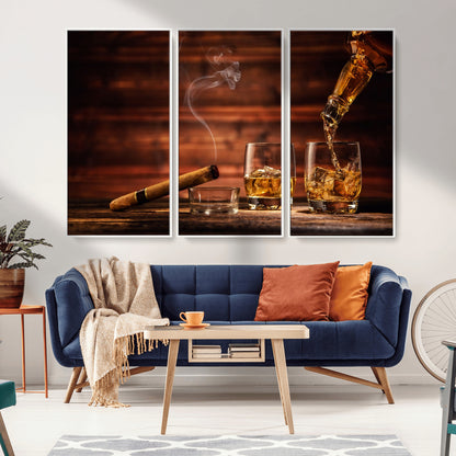 41139-MGV-CV-36X24-Whiskey and Cigar Still Life – Glasses with Ice and Pouring Amber Drink on Wooden Table with Smoke, Elegant Bar or Lounge Wall