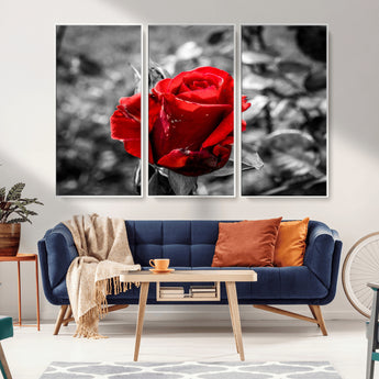 84671-MGV-CV-36X24-Red Rose Wall Art – Vibrant Single Bloom Canvas Print with Black and White Background, Elegant Floral Decor for Living Room,
