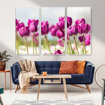 30632-MGV-CV-36X24-Purple Tulip Field Wall Art – Beautiful Spring Flowers Canvas Print with Soft Focus and Bright Sky, Ideal Floral Decor for Home or