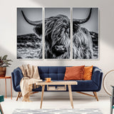 97372-MGV-CV-36X24-Elegant Highland Cow Wall Art – Black and White Canvas Print, Rustic Nature Decor for Home, Office, Living Room or Man Cave