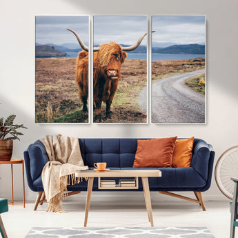 56121-MGV-CV-36X24-Rustic Highland Cow Wall Art – Panoramic Nature Canvas Print, Perfect Decor for Home, Office, Living Room or Man Cave