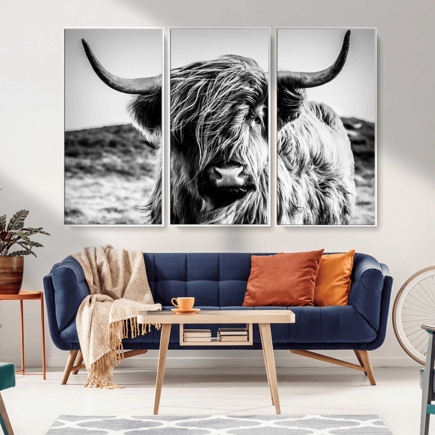 36979-MGV-CV-36X24-Striking black-and-white portrait of a Highland cow with flowing fur and majestic horns, perfect for rustic and elegant home or