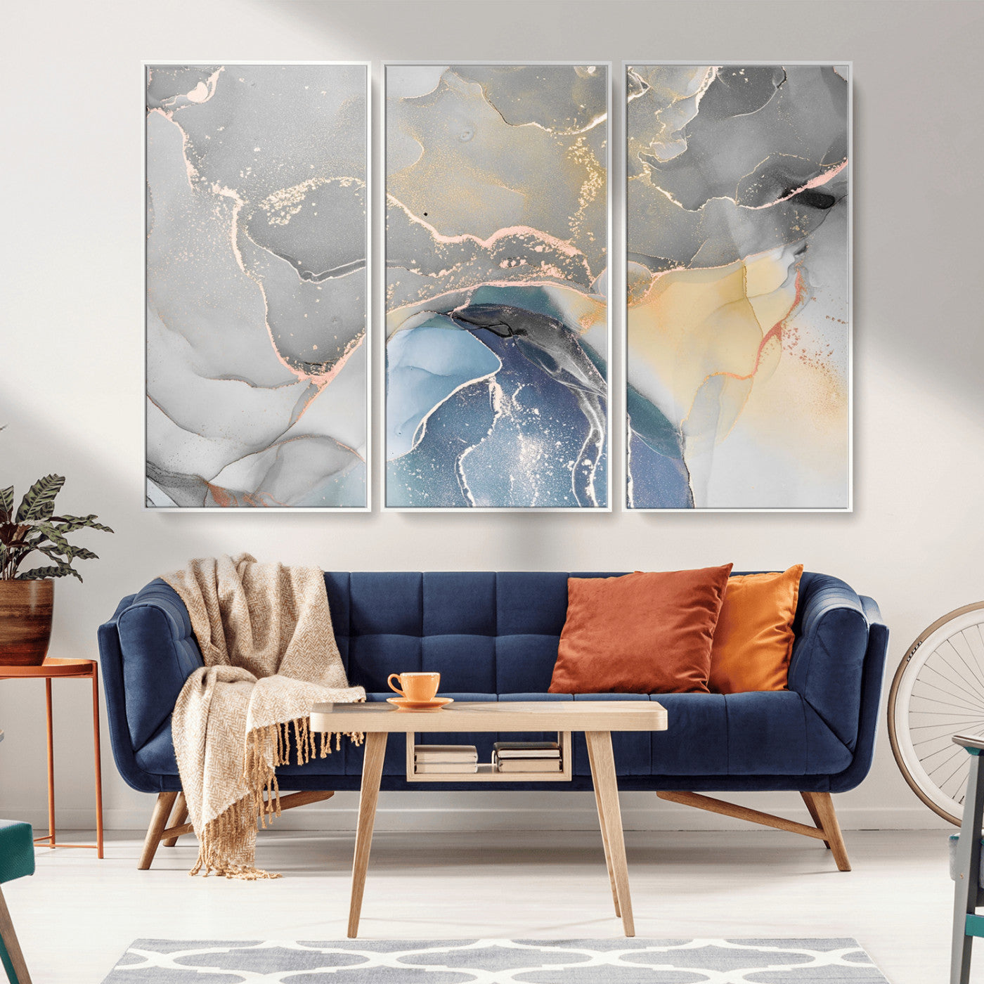 63211-MGV-CV-36X24-Abstract Fluid Art Wall Decor – Blue, Gray & Gold Canvas Print, Modern Home and Office Wall Art Decor for Living Room, Bedroom or
