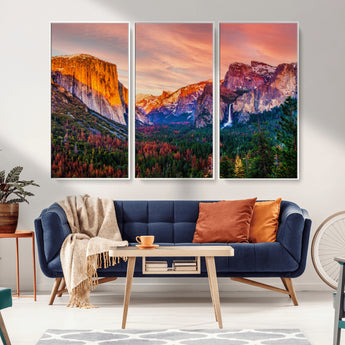 24519-MGV-CV-36X24-Yosemite Valley Sunset Wall Art – Majestic Mountain Landscape with Waterfall and Vibrant Sky, Nature Photography for Home or
