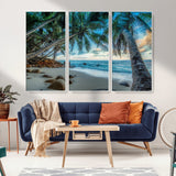 39679-MGV-FC-48X32-3P_White-Tropical Palm Beach Wall Art – Serene Ocean Canvas Print with Palm Trees and Rocks, Coastal Paradise Decor for Living Room or