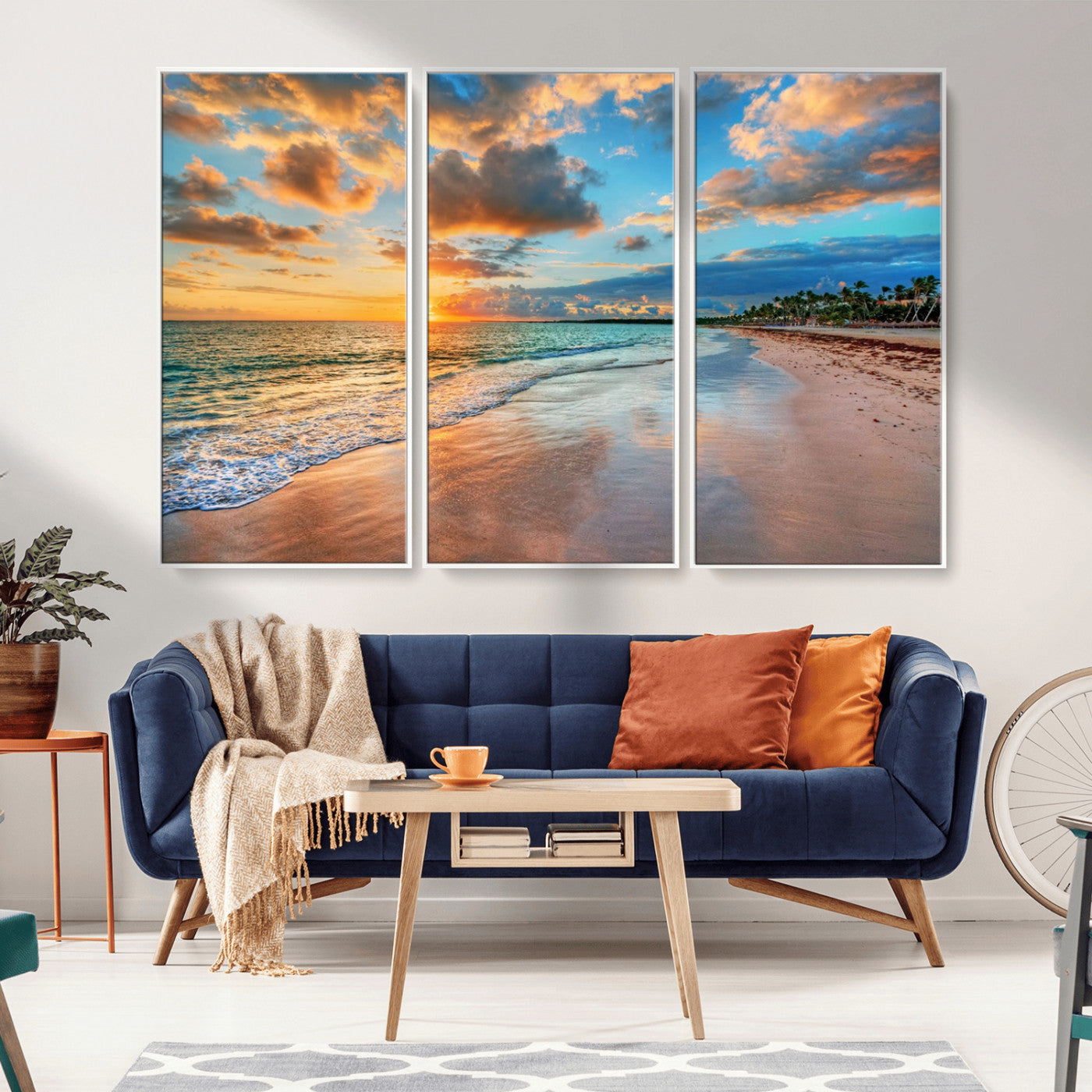 41572-MGV-FC-48X32-3P_White-Sunset Beach Wall Art – Ocean Waves and Palm Trees Canvas Print, Tropical Coastal Sunset Seascape Decor for Living Room, Bedroom