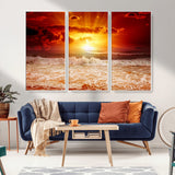 60211-MGV-CV-36X24-Fiery Sunset Ocean Waves Canvas Print – Vibrant Red & Orange Coastal Wall Art, Dramatic Seascape Decor