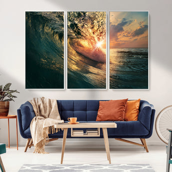 55359-MGV-FC-48X32-3P_White-Radiant Ocean Wave Wall Art – Panoramic Surf Canvas Print, Vibrant Sunset Beach Decor for Home, Office or Man Cave