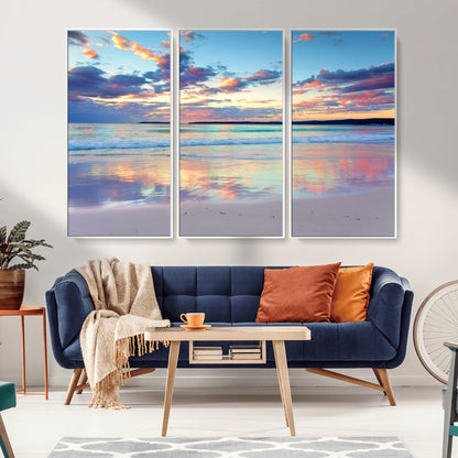 56723-MGV-FC-48X32-3P_White-Serene Sunset Beach Wall Art – Panoramic Coastal Canvas Print, Peaceful Ocean Reflection Decor for Living Room, Bedroom or Office