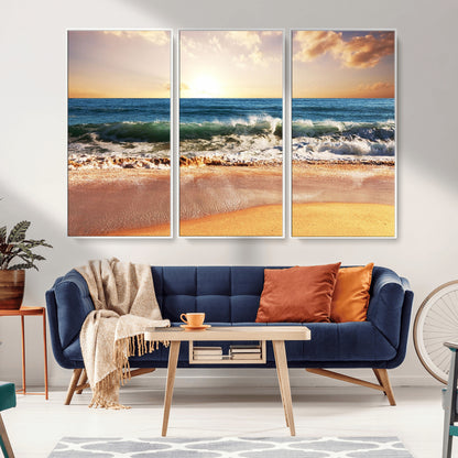 79005-MGV-FC-48X32-3P_White-Golden Sunrise Ocean Waves Wall Art – Panoramic Seashore Canvas Print, Calming Coastal Decor for Home, Office or Relaxation Space