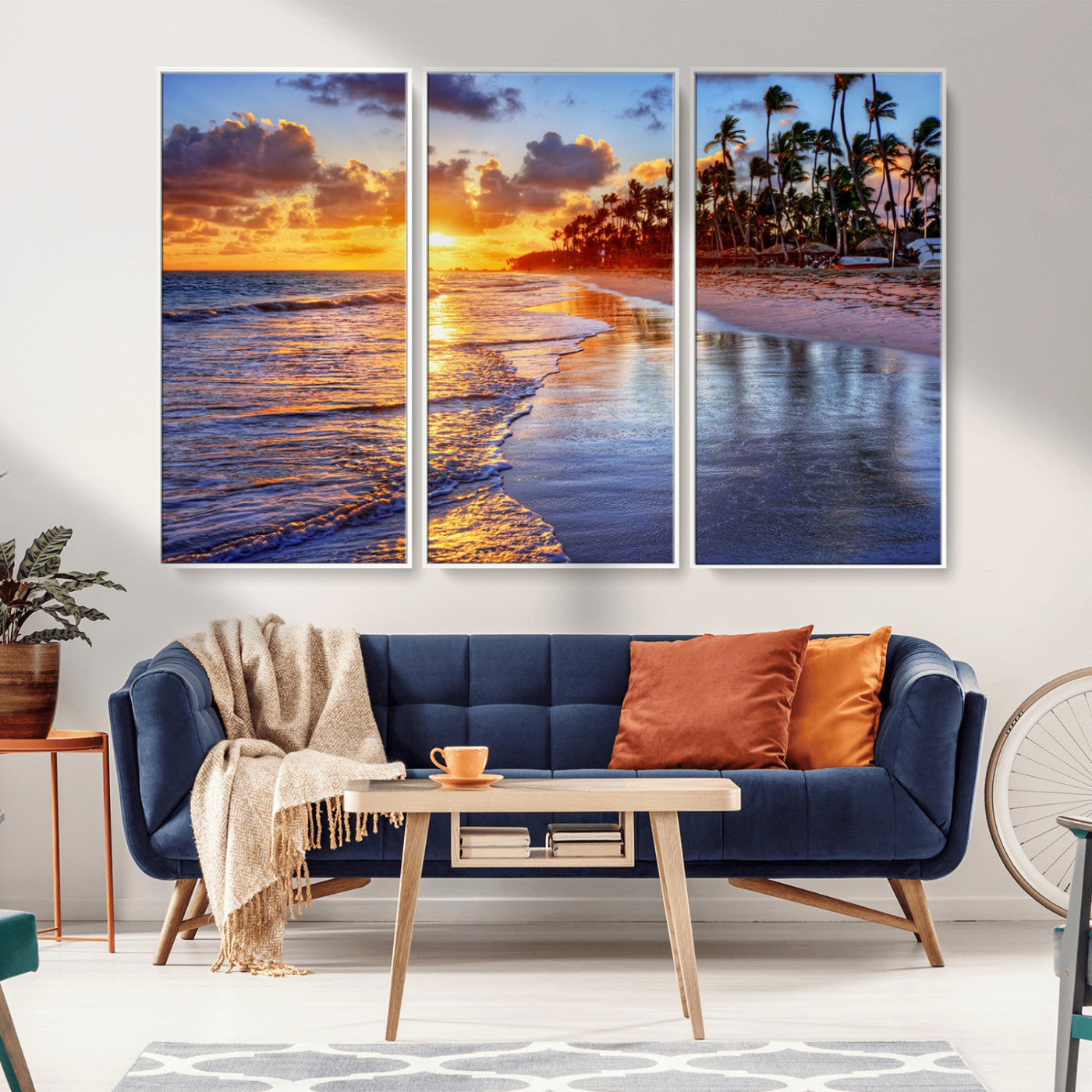 19917-MGV-FC-48X32-3P_White-Tropical Sunset Beach Wall Art – Panoramic Palm Trees and Ocean Canvas Print, Vibrant Coastal Decor for Living Room, Office or Man