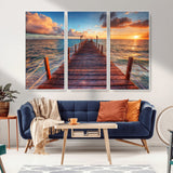 28836-MGV-FC-48X32-3P_White-Ocean Pier Sunset Wall Art – Wooden Dock and Golden Horizon Canvas Print, Coastal Seascape Photography for Living Room, Bedroom,