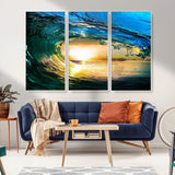 19378-MGV-FC-48X32-3P_White-Ocean Wave Sunset Wall Art – Vibrant Surf and Golden Horizon Canvas Print, Coastal Seascape Photography for Living Room, Bedroom,