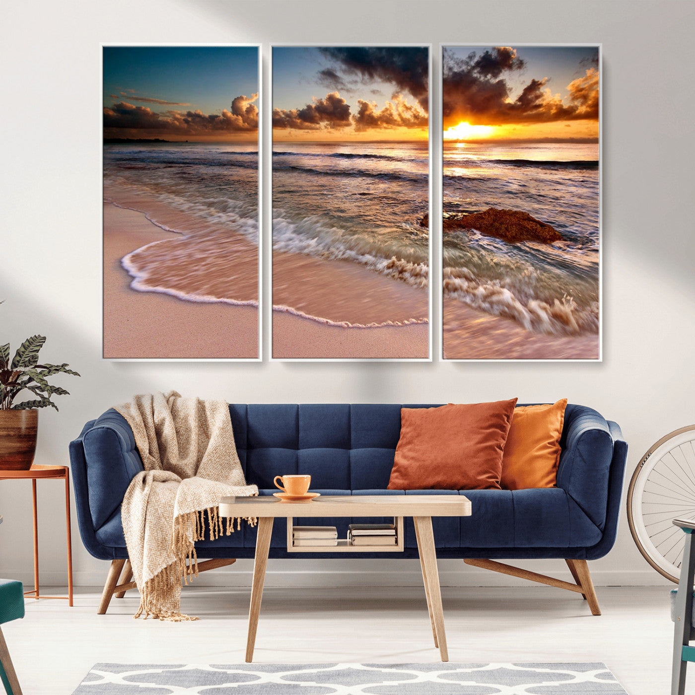 80979-MGV-FC-48X32-3P_White-Golden Sunrise Beach Wall Art – Ocean Waves and Sandy Shore Canvas Print, Coastal Sunset Photography Artwork for Living Room,