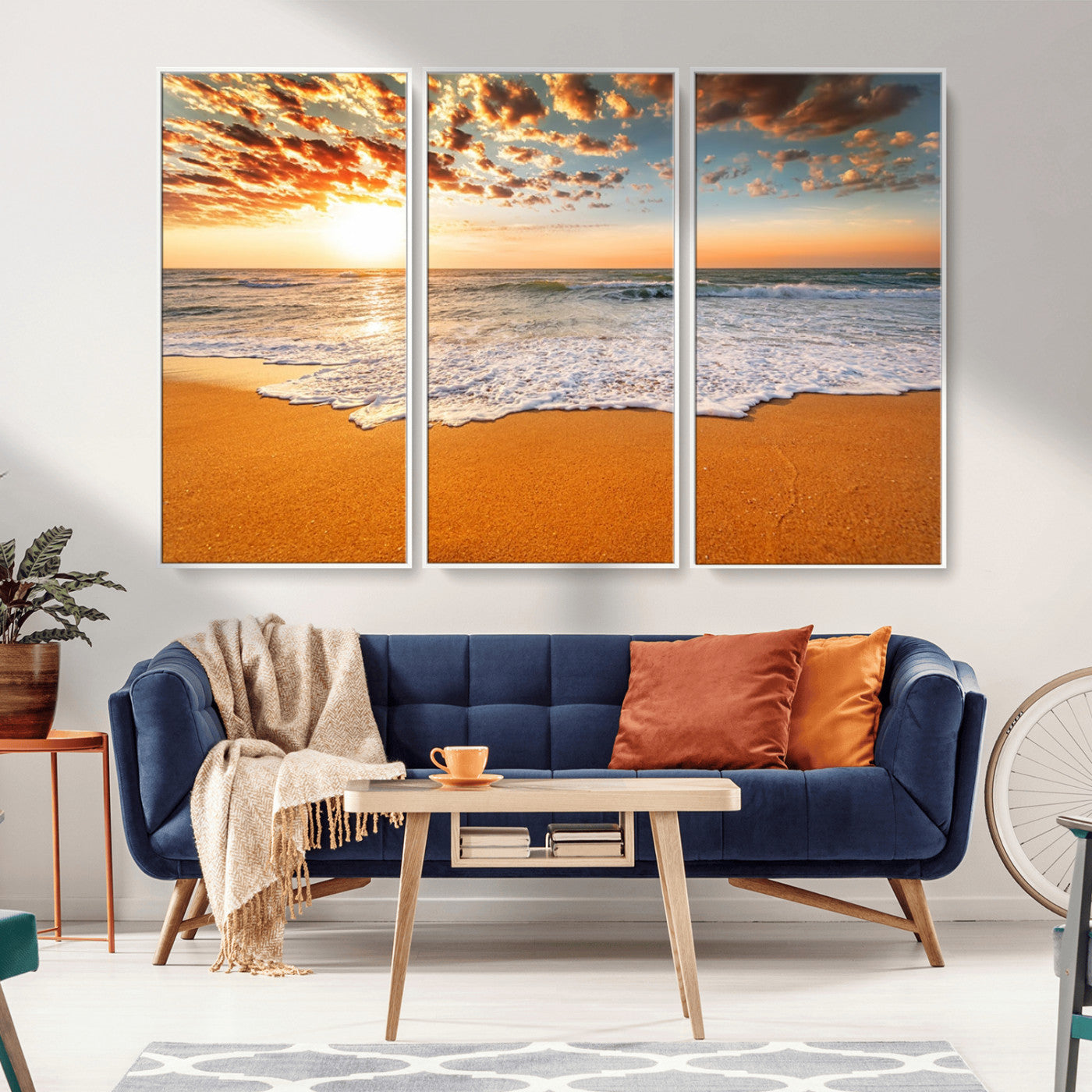 15399-MGV-FC-48X32-3P_White-Golden Sunrise Beach Wall Art – Ocean Waves on Sandy Shore Canvas Print, Coastal Seascape Decor for Living Room or Bedroom