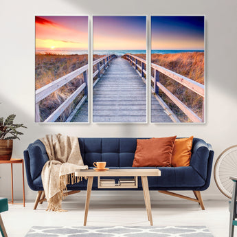 60625-MGV-FC-48X32-3P_White-Beach Boardwalk Sunrise Wall Art – Coastal Pathway to Ocean Canvas Print, Seaside Landscape Decor for Home or Office