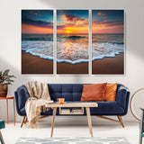 16110-MGV-FC-48X32-3P_White-Ocean Sunset Wall Art – Vibrant Beach Waves and Horizon Canvas Print, Relaxing Coastal Seascape Decor for Living Room or Bedroom