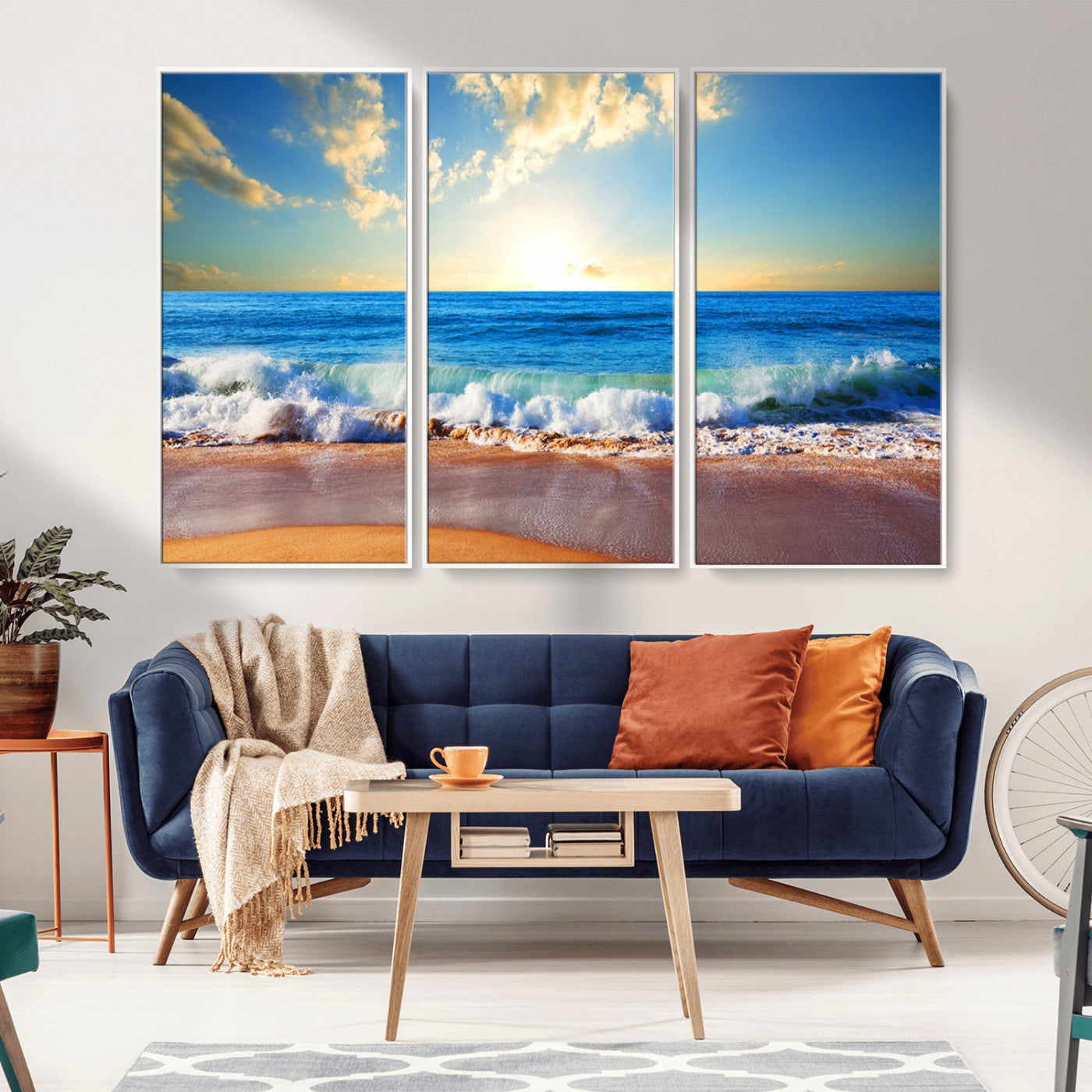 50522-MGV-FC-48X32-3P_White-Ocean Sunrise Wall Art – Peaceful Beach Waves and Golden Horizon Canvas Print, Coastal Seascape Decor for Home or Office