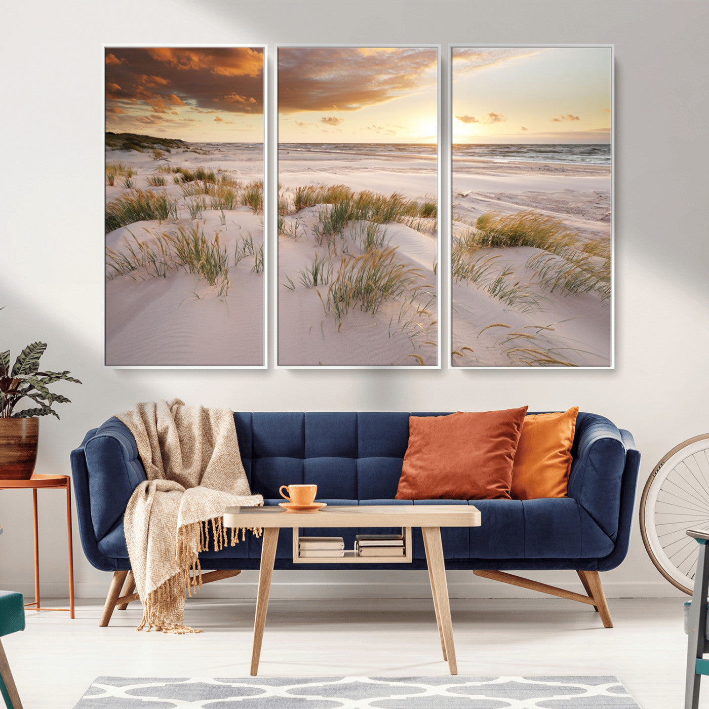 61246-MGV-FC-48X32-3P_White-Coastal Sand Dunes Wall Art – Serene Beach Sunset Canvas Print with Grasses and Ocean View, Tranquil Seaside Decor for Living Room