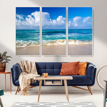 60364-MGV-FC-48X32-3P_White-Tropical Ocean Wave Wall Art – Serene Blue Sea and White Sand Beach Canvas Print, Coastal Landscape Decor for Living Room, Bedroom