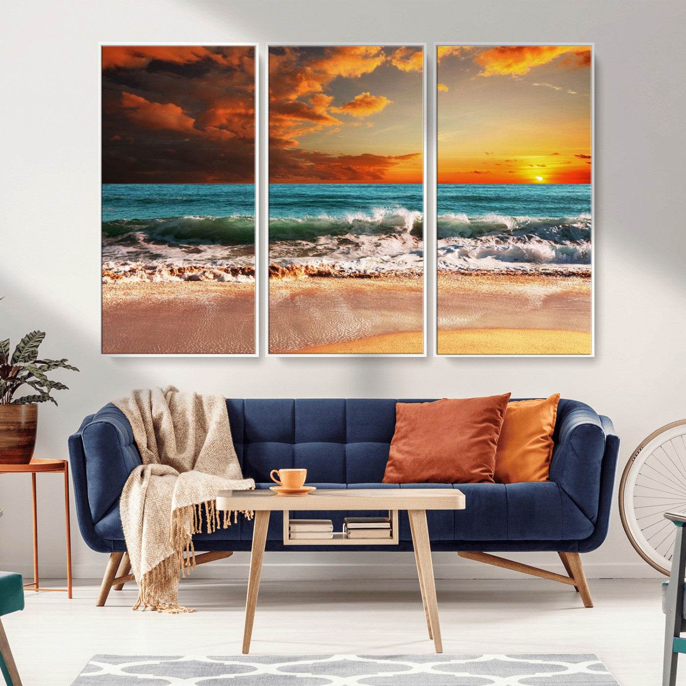 72948-MGV-FC-48X32-3P_White-Ocean Sunset Wave Wall Art – Dramatic Seascape Canvas Print with Golden Sky and Crashing Waves, Coastal Beach Decor for Living