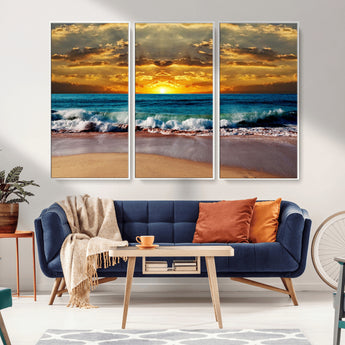 83389-MGV-FC-48X32-3P_White-Ocean Sunrise Wall Art – Vibrant Beach Waves Canvas Print, Coastal Seascape Decor for Living Room or Office