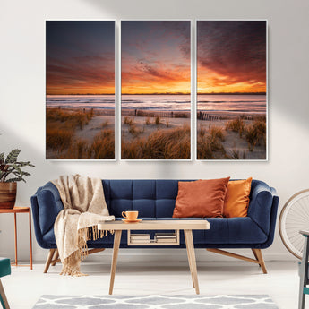 90176-MGV-FC-48X32-3P_White-Beach Sunset Wall Art – Coastal Sand Dune Canvas Print with Ocean Waves and Dramatic Sky, Seaside Landscape Decor for Living Room