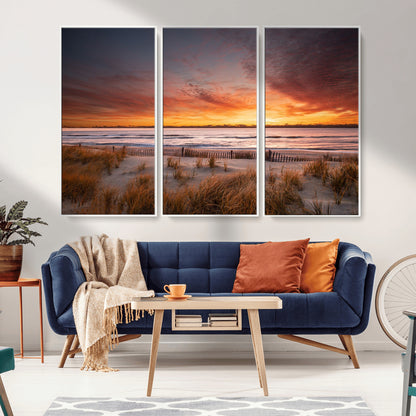 90176-MGV-FC-48X32-3P_White-Beach Sunset Wall Art – Coastal Sand Dune Canvas Print with Ocean Waves and Dramatic Sky, Seaside Landscape Decor for Living Room
