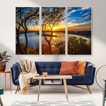 66839-MGV-FC-48X32-3P_White-Lake Sunset Wall Art – Golden Hour Canvas Print with Trees and Water Reflection, Scenic Landscape Photography for Living Room,