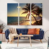 82710-MGV-FC-48X32-3P_White-Palm Tree Sunset Beach Wall Art – Tropical Ocean Canvas Print, Coastal Paradise Seascape Decor for Living Room or Office Wall