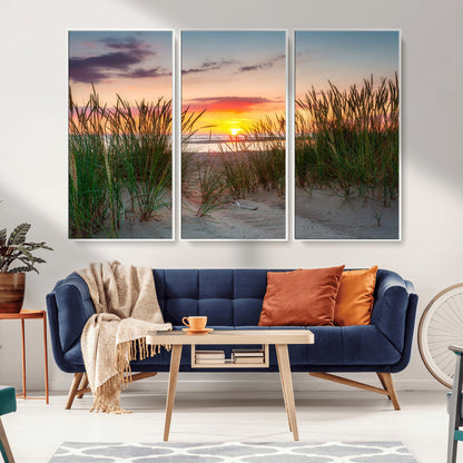 25576-MGV-FC-48X32-3P_White-Beach Grass Sunset Wall Art – Coastal Sand Dune Landscape Canvas Print, Ocean View Nature Decor for Living Room or Office Wall
